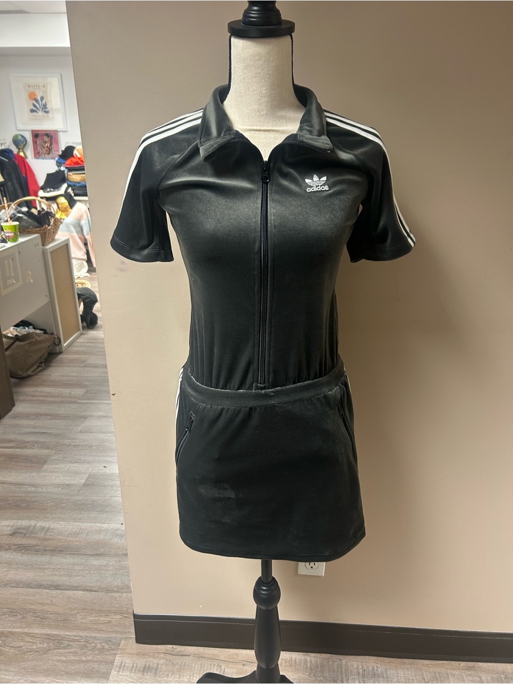 Adidas Grey Velour like Front Athletic Dress with Signature Stripes